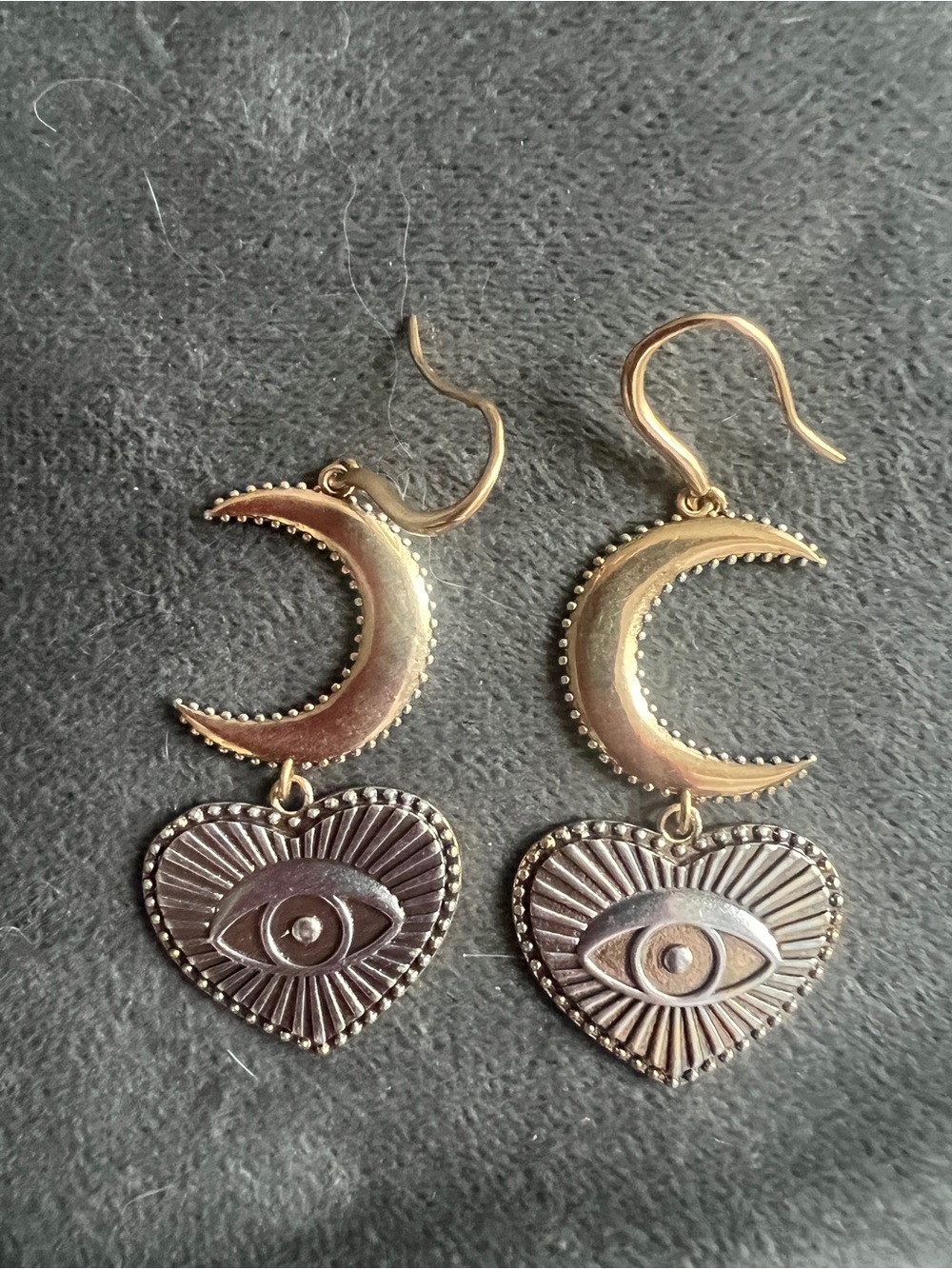 Katia Designs Gold Crescent Moon & Heart Eye Dangle Earrings